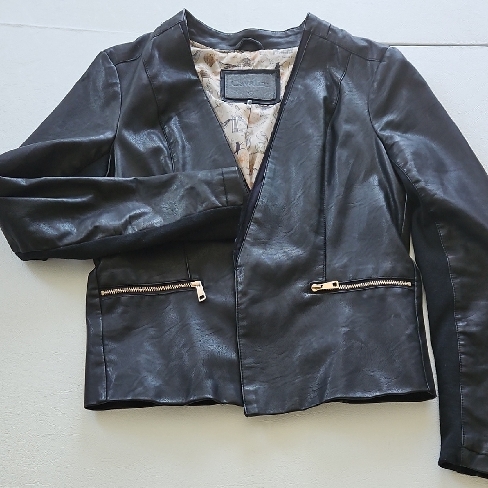 Cavalini Faux Black Leather Jacket with Zipper Accents